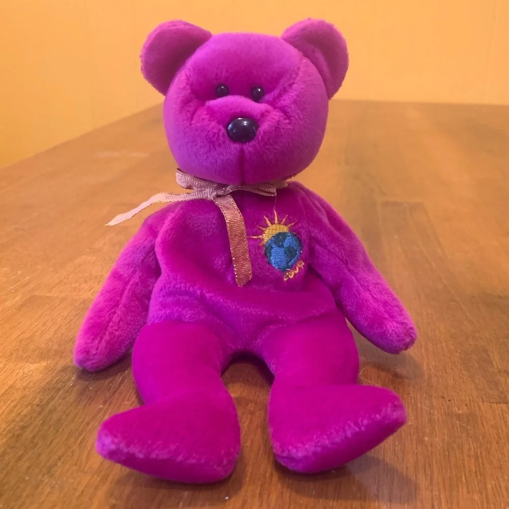 Ty Beanie Baby Millennium Bear 2000 Magenta Plush Bear Globe Embroidery